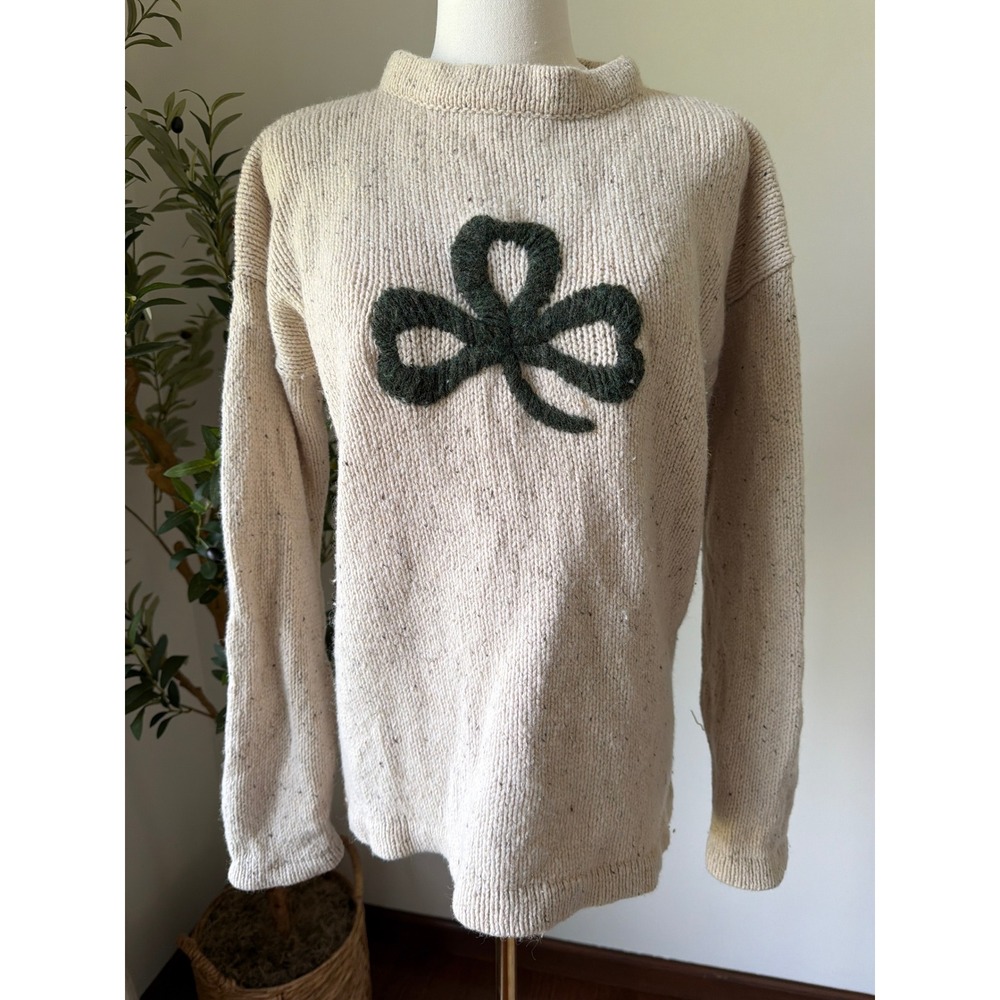 IrelandsEye Lambswool Silk Shamrock Sweater Size Small Irish Aran